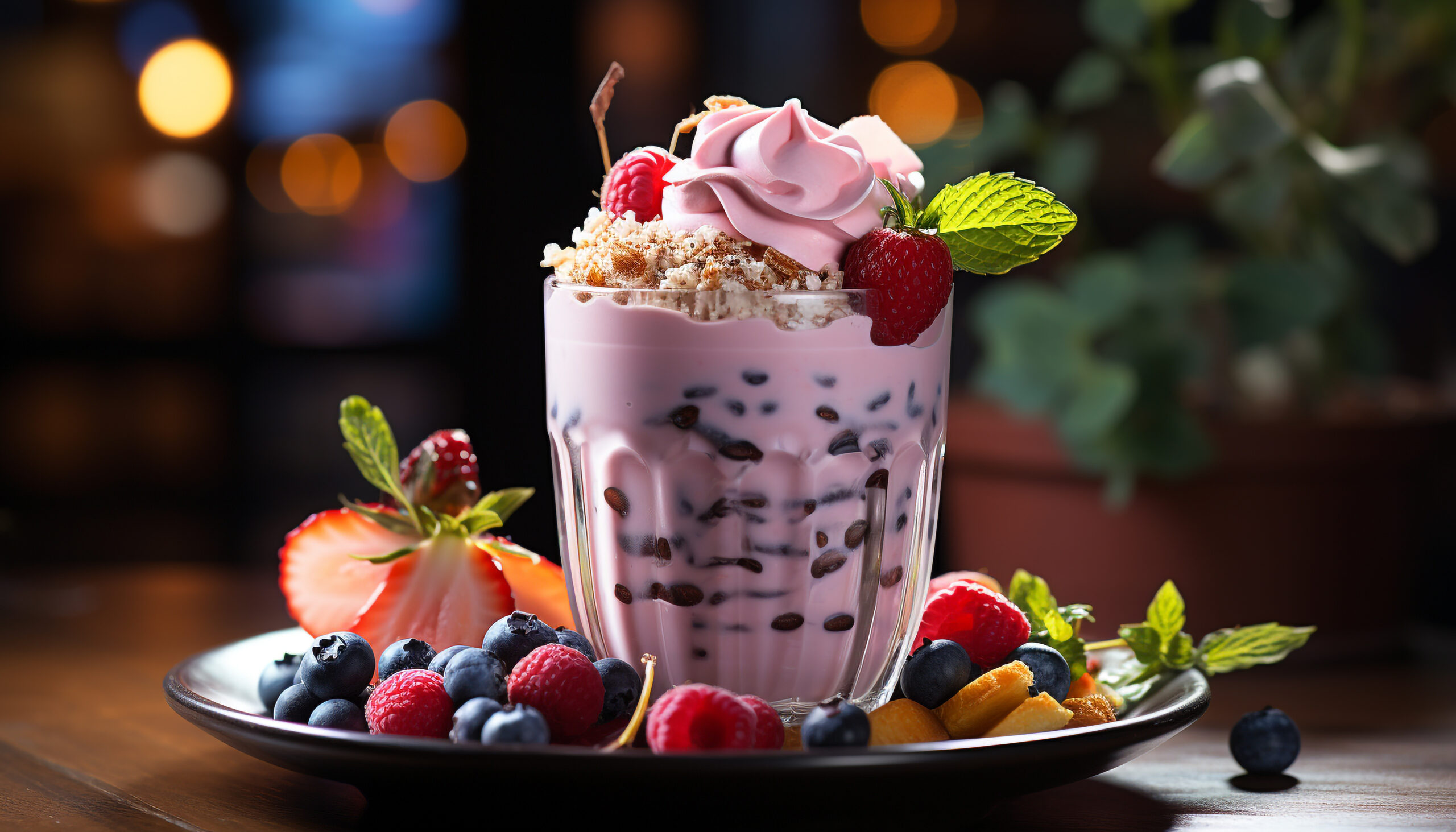 Fresh fruit dessert on wooden table, healthy and delicious generated by AI